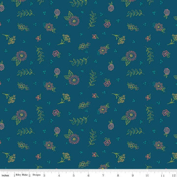 SALE Market Street Embroidery C14126 Navy - Riley Blake Designs - Dots Floral Outlined Flowers Leaves - Quilting Cotton Fabric