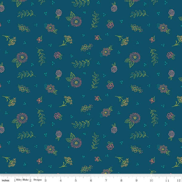 Market Street Embroidery C14126 Navy by Riley Blake Designs - Dots Floral Outlined Flowers Leaves - Quilting Cotton Fabric