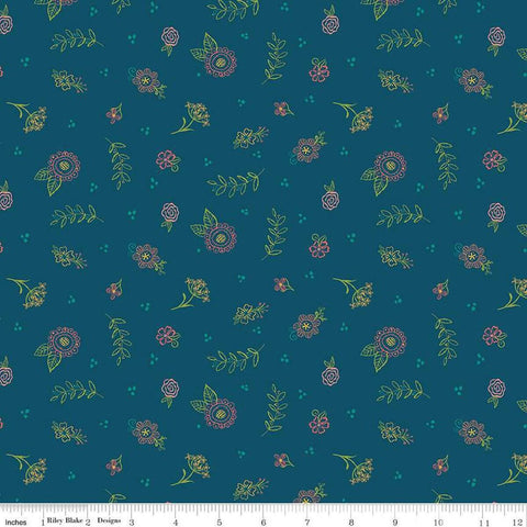 Market Street Embroidery C14126 Navy by Riley Blake Designs - Dots Floral Outlined Flowers Leaves - Quilting Cotton Fabric