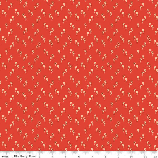 Image of the Wanderlust Jasmine Persimmon quilting cotton fabric by Danelys Sidron for Riley Blake Designs. Features an array of flowers on an orange red background. 
Cute Little Fabric Shop