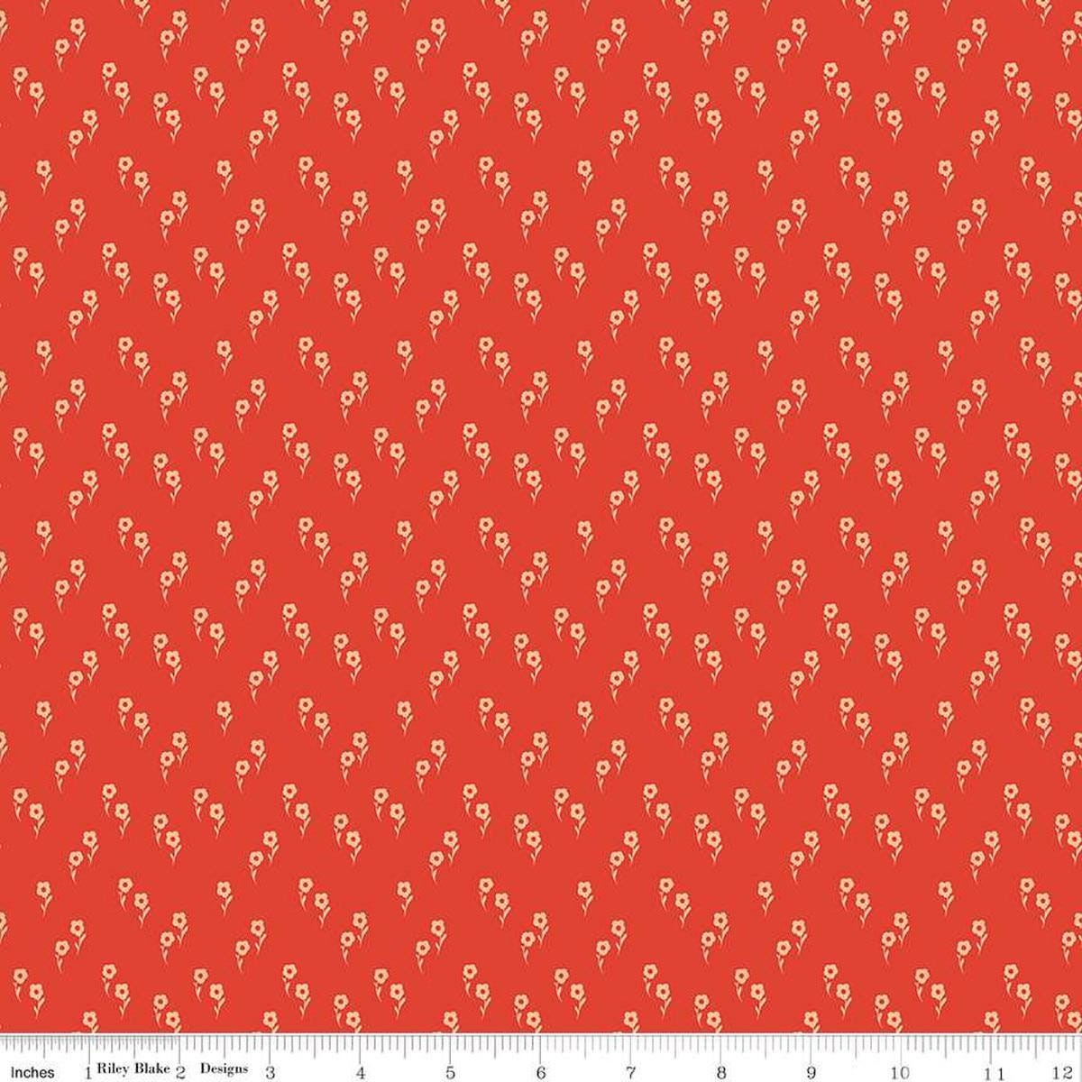 Image of the Wanderlust Jasmine Persimmon quilting cotton fabric by Danelys Sidron for Riley Blake Designs. Features an array of flowers on an orange red background. 
Cute Little Fabric Shop
