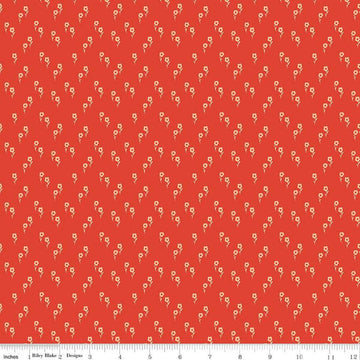 Image of the Wanderlust Jasmine Persimmon quilting cotton fabric by Danelys Sidron for Riley Blake Designs. Features an array of flowers on an orange red background. 
Cute Little Fabric Shop