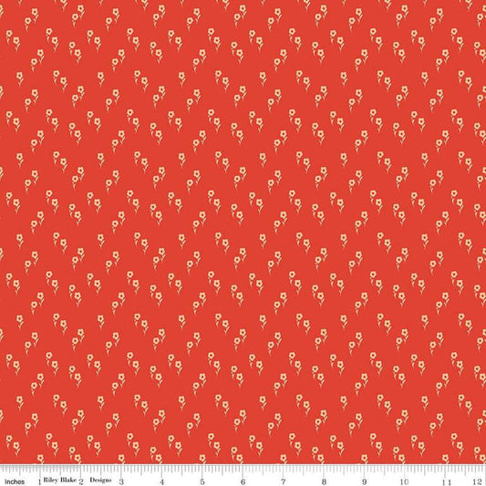 Image of the Wanderlust Jasmine Persimmon quilting cotton fabric by Danelys Sidron for Riley Blake Designs. Features an array of flowers on an orange red background. 
Cute Little Fabric Shop