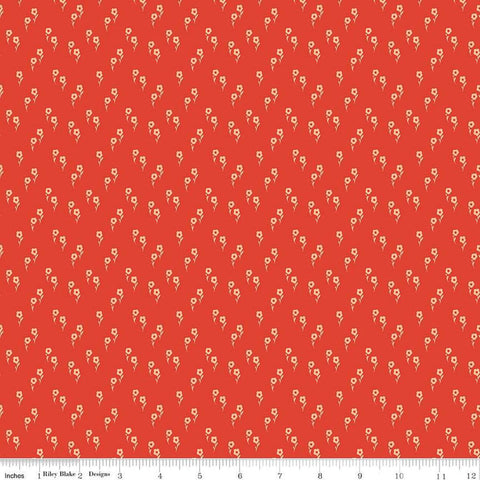 Image of the Wanderlust Jasmine Persimmon quilting cotton fabric by Danelys Sidron for Riley Blake Designs. Features an array of flowers on an orange red background. 
Cute Little Fabric Shop