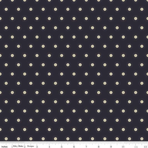 Image of the Wanderlust Sunshine Charcoal quilting cotton fabric by Danelys Sidron for Riley Blake Designs. Features an array of small suns on a dark blue black background. 
Cute Little Fabric Shop