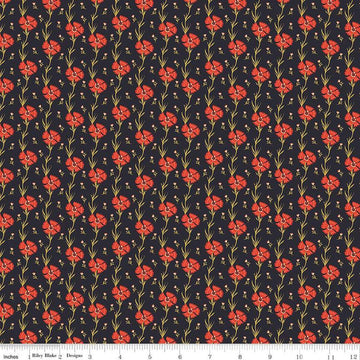 Image of the Wanderlust Carnation Charcoal quilting cotton fabric by Danelys Sidron for Riley Blake Designs. Features flowers and leaves on a dark brown black background. 
Cute Little Fabric Shop