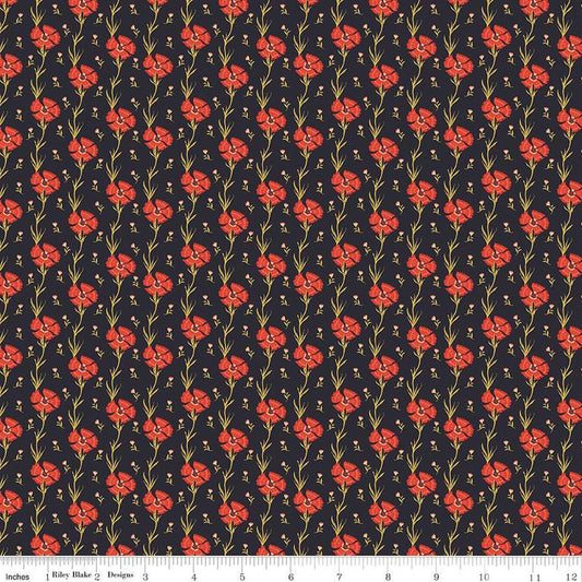 Image of the Wanderlust Carnation Charcoal quilting cotton fabric by Danelys Sidron for Riley Blake Designs. Features flowers and leaves on a dark brown black background. 
Cute Little Fabric Shop