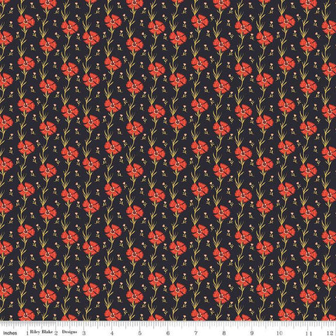 Image of the Wanderlust Carnation Charcoal quilting cotton fabric by Danelys Sidron for Riley Blake Designs. Features flowers and leaves on a dark brown black background. 
Cute Little Fabric Shop