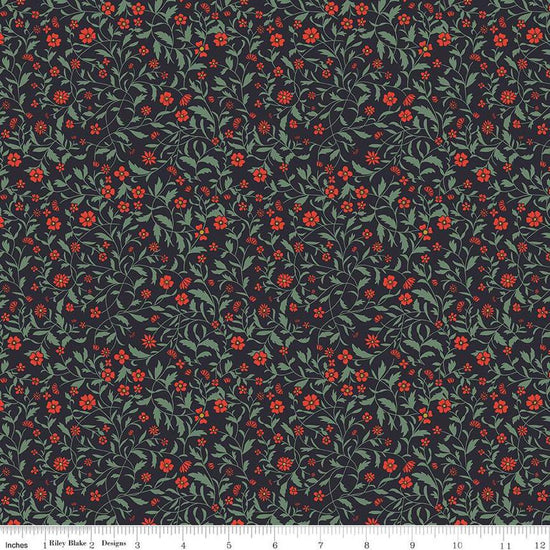 Image of the Wanderlust Hawthorn Charcoal quilting cotton fabric by Danelys Sidron for Riley Blake Designs. Features vines and flowers on a dark black blue background. 
Cute Little Fabric Shop