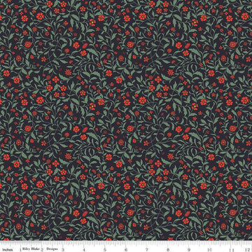 Image of the Wanderlust Hawthorn Charcoal quilting cotton fabric by Danelys Sidron for Riley Blake Designs. Features vines and flowers on a dark black blue background. 
Cute Little Fabric Shop