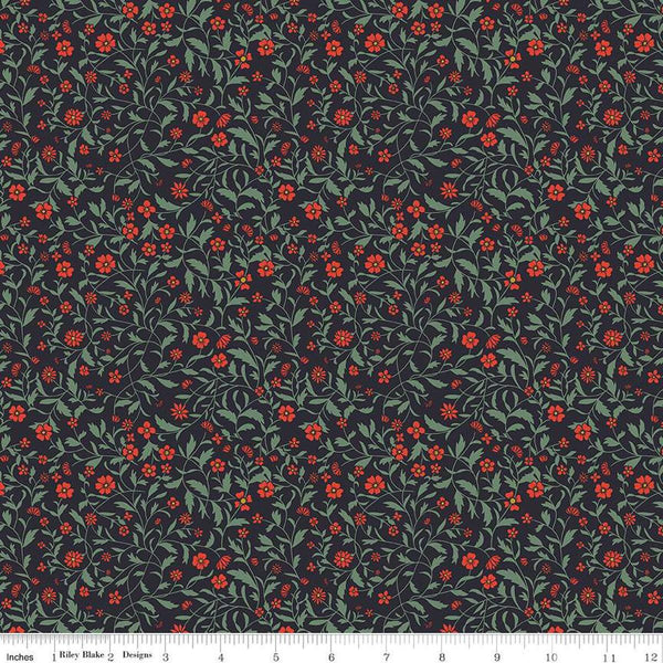 Image of the Wanderlust Hawthorn Charcoal quilting cotton fabric by Danelys Sidron for Riley Blake Designs. Features vines and flowers on a dark black blue background. 
Cute Little Fabric Shop