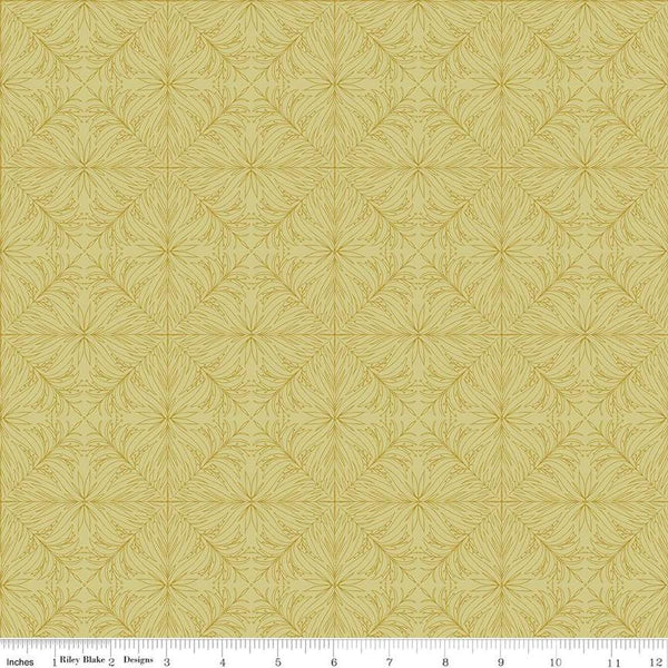 Image of the Wanderlust Oak Trail Flax quilting cotton fabric by Danelys Sidron for Riley Blake Designs. Features tone-on-tone grid of leaves on a green yellow background. 
Cute Little Fabric Shop