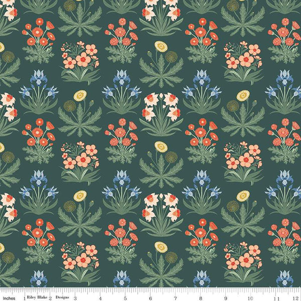 Image of the Wanderlust Morning Meadow Pine quilting cotton fabric by Danelys Sidron for Riley Blake Designs. Features columns of plants on a green background. 
Cute Little Fabric Shop