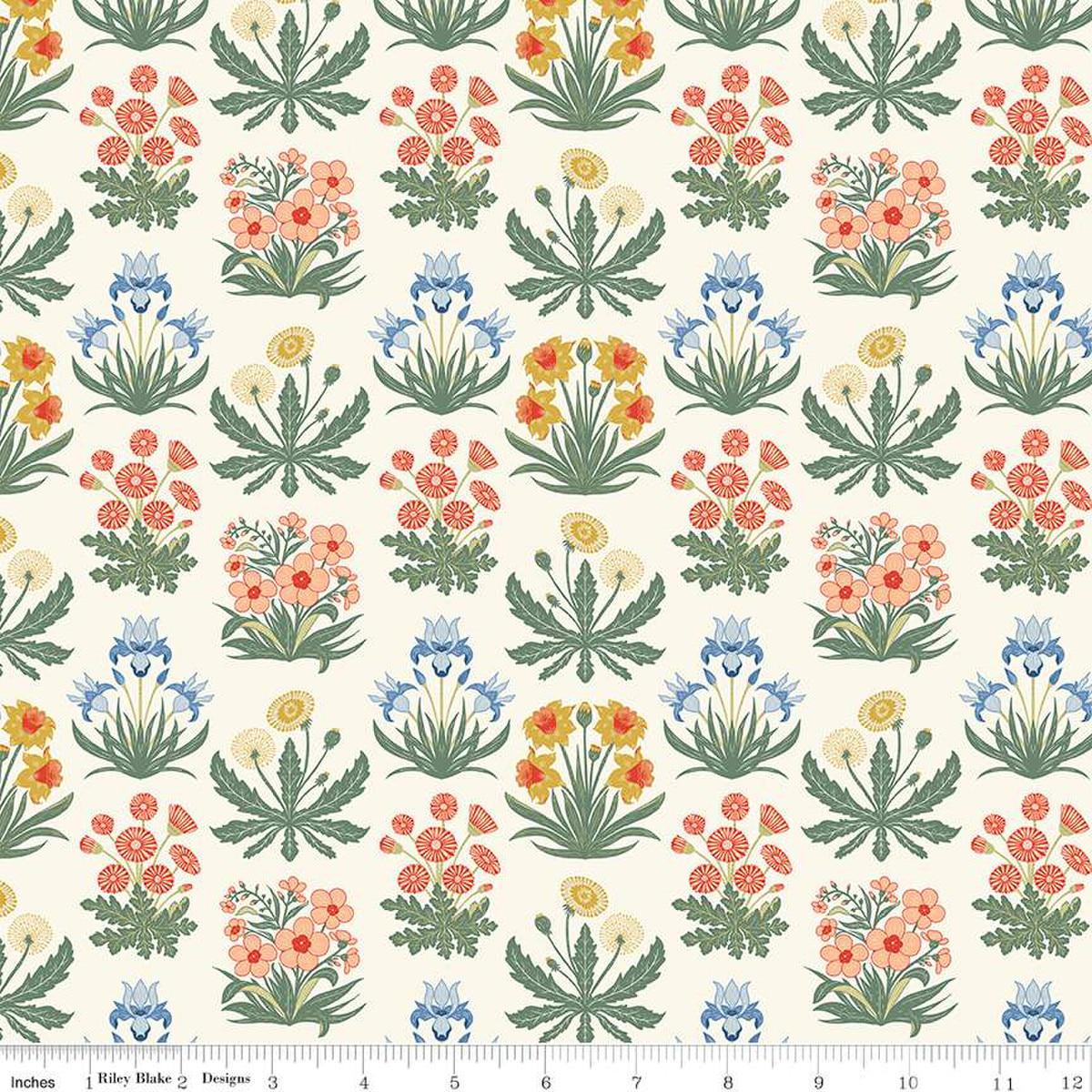 Image of the Wanderlust Morning Meadow Cream quilting cotton fabric by Danelys Sidron for Riley Blake Designs. Features columns of plants on a cream background. 
Cute Little Fabric Shop