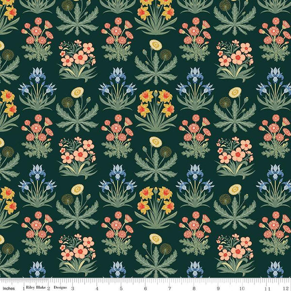 Image of the Wanderlust Morning Meadow Dark Green quilting cotton fabric by Danelys Sidron for Riley Blake Designs. Features columns of plants on a dark green background. 
Cute Little Fabric Shop