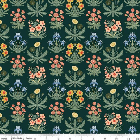 Image of the Wanderlust Morning Meadow Dark Green quilting cotton fabric by Danelys Sidron for Riley Blake Designs. Features columns of plants on a dark green background. 
Cute Little Fabric Shop