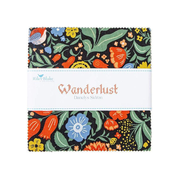 Image of the Wanderlust 5 inch stacker by Danelys Sidron for Riley Blake Designs. Features floral fabrics on many backgrounds. 
Cute Little Fabric Shop