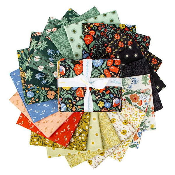 Image of the Wanderlust fat quarter bundle with 21 pieces by Danelys Sidron for Riley Blake Designs. Features floral fabrics with black, yellow, and green patterns. 
Cute Little Fabric Shop