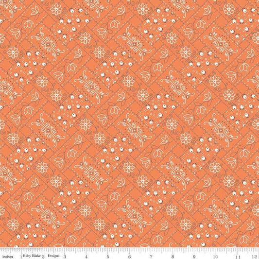 Image of the Farm Girl Vintage Bandana Aqua quilting cotton fabric by Lori Holt for Riley Blake Designs. Pictures light orange fabric with white and orange designs. 
Cute Little Fabric Shop