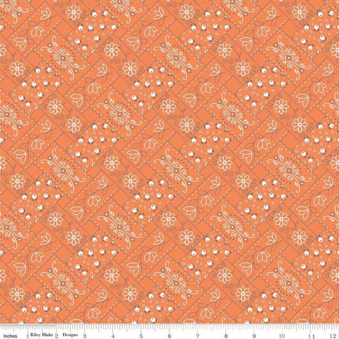 Image of the Farm Girl Vintage Bandana Aqua quilting cotton fabric by Lori Holt for Riley Blake Designs. Pictures light orange fabric with white and orange designs. 
Cute Little Fabric Shop