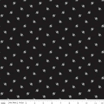 Image of the Perennial Bees Black quilting cotton fabric by Jill Finley for Riley Blake Designs. Features small bees scattered on a black background. 
Cute Little Fabric Shop