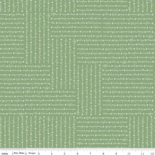 Image of the Perennial Words Green quilting cotton fabric by Jill Finley for Riley Blake Designs. Features flower themed text on a light green background. 
Cute Little Fabric Shop