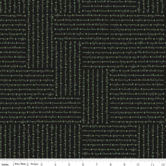 Image of the Perennial Words Black quilting cotton fabric by Jill Finley for Riley Blake Designs. Features flower themed text on a black background. 
Cute Little Fabric Shop