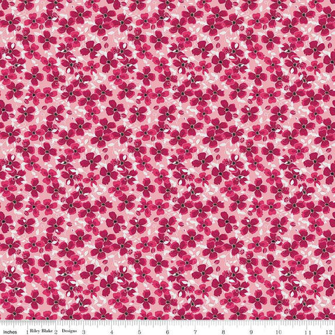 Image of the Perennial Clematis Pink quilting cotton fabric by Jill Finley for Riley Blake Designs. Features flowers clustered on a light pink background. 
Cute Little Fabric Shop