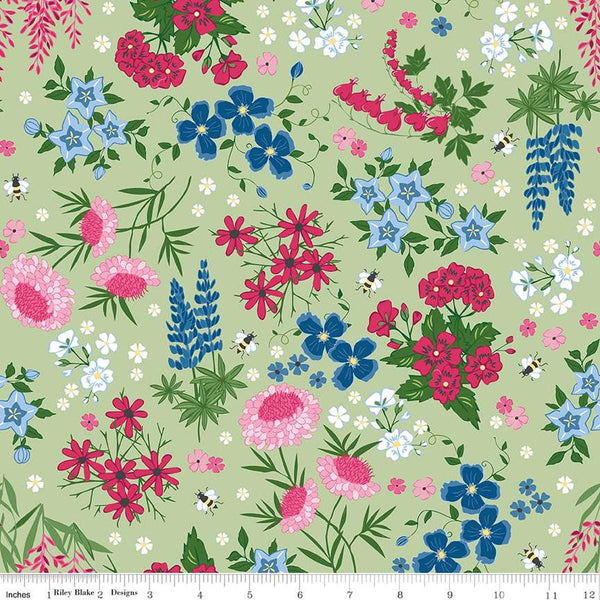 Image of the Perennial Main Green quilting cotton fabric by Jill Finley for Riley Blake Designs. Features large flowers and leaves on a light green background. 
Cute Little Fabric Shop