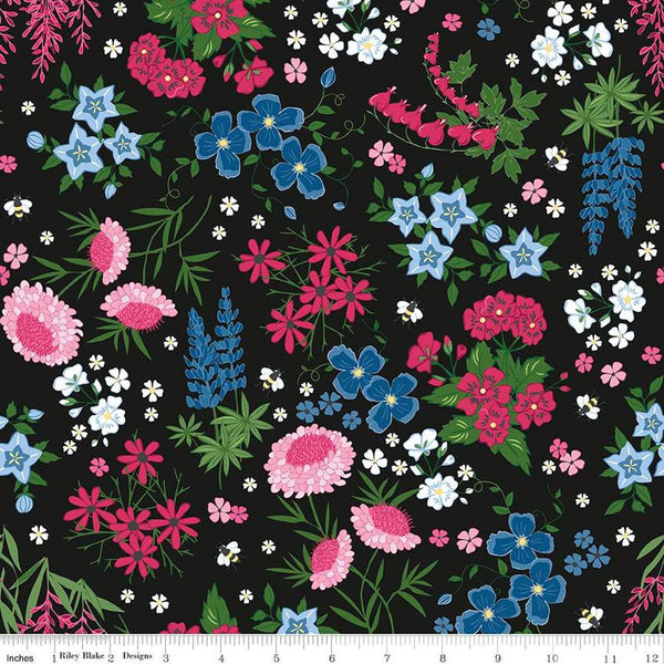 Image of the Perennial Main Black quilting cotton fabric by Jill Finley for Riley Blake Designs. Features large flowers and leaves on a black background. 
Cute Little Fabric Shop