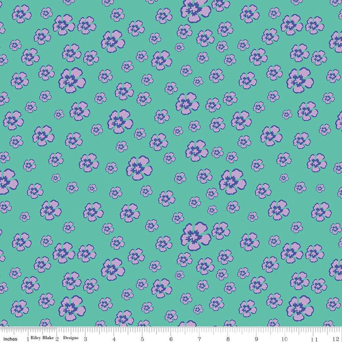 Image of the Botanic Blast Blossoms Vivid quilting cotton fabric by Sew Yeah Quilting for Riley Blake Designs. Features scattered flowers on a green blue background.
Cute Little Fabric Shop
