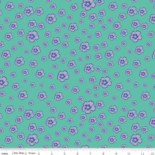 Image of the Botanic Blast Blossoms Vivid quilting cotton fabric by Sew Yeah Quilting for Riley Blake Designs. Features scattered flowers on a green blue background.
Cute Little Fabric Shop