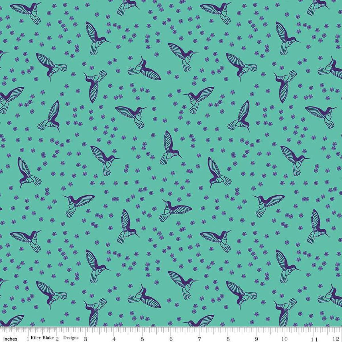Image of the Botanic Blast Hummingbirds Vivid quilting cotton fabric by Sew Yeah Quilting for Riley Blake Designs. Features scattered blossoms and hummingbirds on a green blue background.
Cute Little Fabric Shop