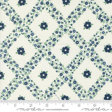 Image of the Rosemary Cottage Trellis Cream Navy quilting cotton fabric by Moda Fabrics. Features criss cross flowers on a cream background.
Cute Little Fabric Shop
