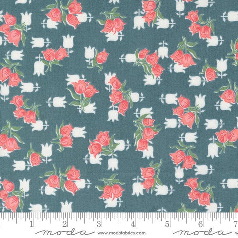 Image of the Rosemary Cottage Tulips Lake quilting cotton fabric by Moda Fabrics. Features small tulips on a teal blue background.
Cute Little Fabric Shop