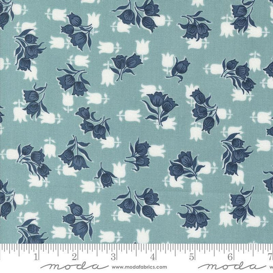 Image of the Rosemary Cottage Tulips Sky quilting cotton fabric by Moda Fabrics. Features small tulips on a teal blue background.
Cute Little Fabric Shop