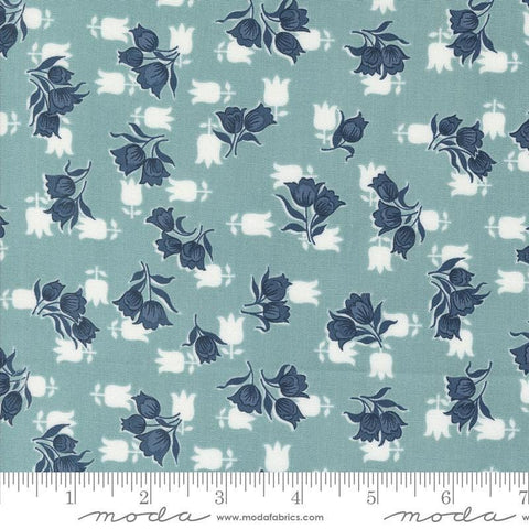 Image of the Rosemary Cottage Tulips Sky quilting cotton fabric by Moda Fabrics. Features small tulips on a teal blue background.
Cute Little Fabric Shop