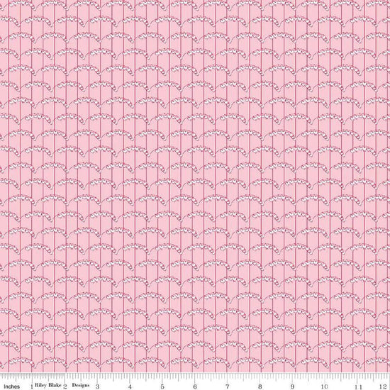 Image of the Perennial Heart Scallops Pink quilting cotton fabric by Jill Finley for Riley Blake Designs. Features heart scallops on a striped background on a light pink background. 
Cute Little Fabric Shop