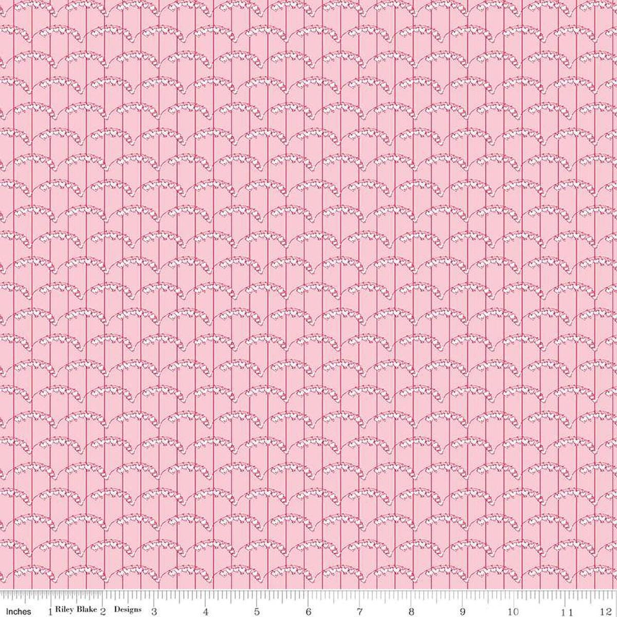 Image of the Perennial Heart Scallops Pink quilting cotton fabric by Jill Finley for Riley Blake Designs. Features heart scallops on a striped background on a light pink background. 
Cute Little Fabric Shop
