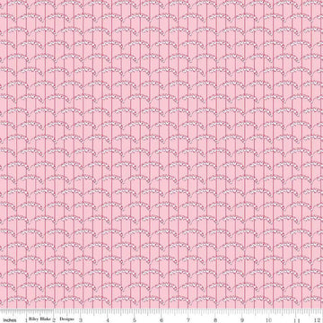 Image of the Perennial Heart Scallops Pink quilting cotton fabric by Jill Finley for Riley Blake Designs. Features heart scallops on a striped background on a light pink background. 
Cute Little Fabric Shop