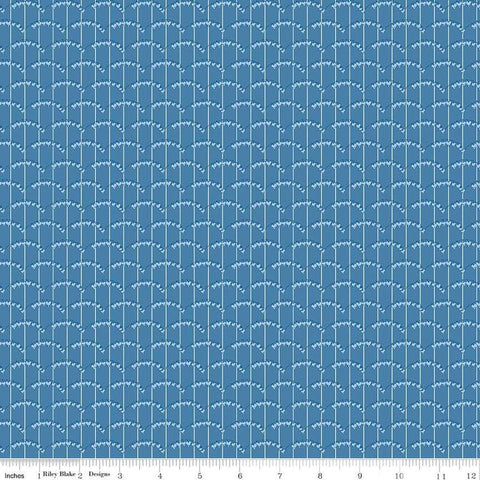 Image of the Perennial Heart Scallops Blue quilting cotton fabric by Jill Finley for Riley Blake Designs. Features heart scallops on a striped background on a medium blue background. 
Cute Little Fabric Shop