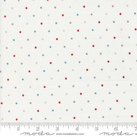 Image of the Magic Dot Americana quilting cotton fabric by Lella Boutique for Moda Fabrics. Features multicolored polka dots on a white background. 
Cute Little Fabric Shop