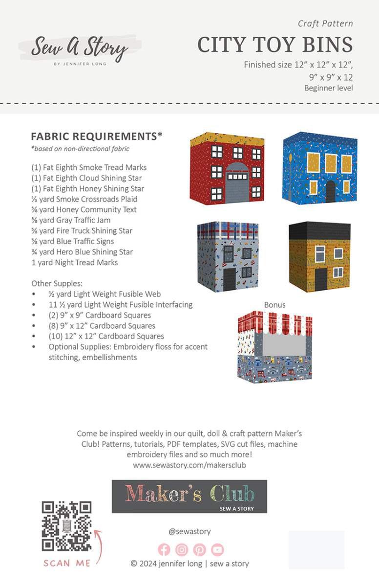 Image of the City Toy Bins pattern by Jennifer Long for Riley Blake Designs. Features the fabric requirements for the pattern.
Cute Little Fabric Shop