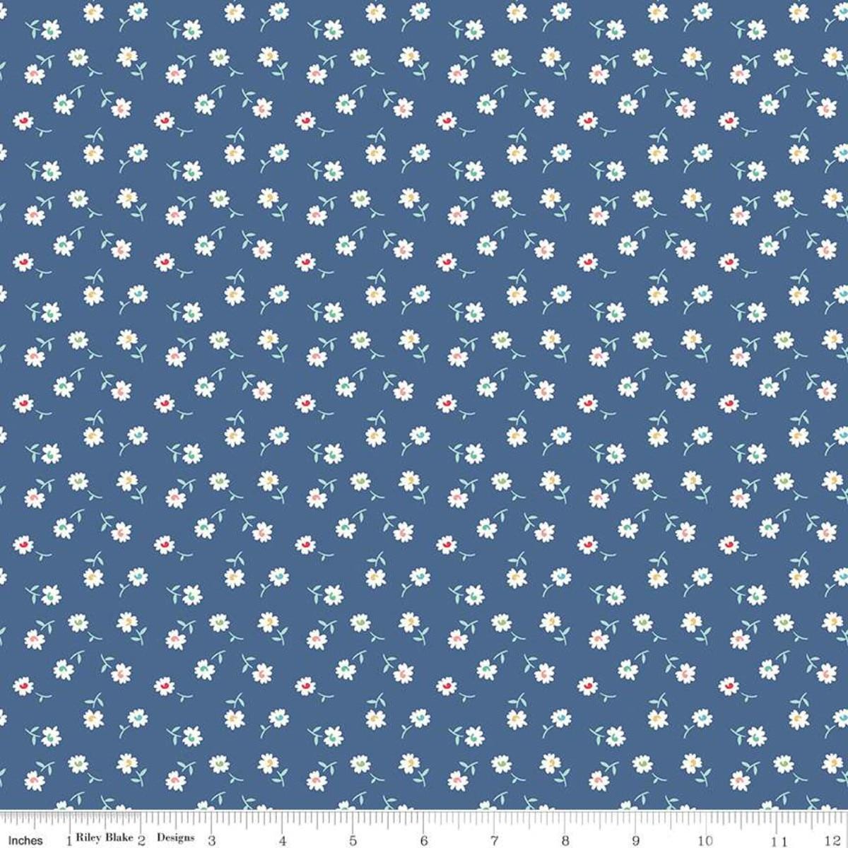 Image of the Vintage Happy 2 Daisy Denim quilting cotton fabric by Lori Holt for Riley Blake Designs. Features tossed stems of daisies on a dark blue background.  
Cute Little Fabric Shop