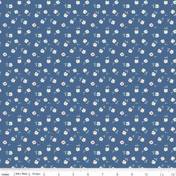 Image of the Vintage Happy 2 Daisy Denim quilting cotton fabric by Lori Holt for Riley Blake Designs. Features tossed stems of daisies on a dark blue background.  
Cute Little Fabric Shop