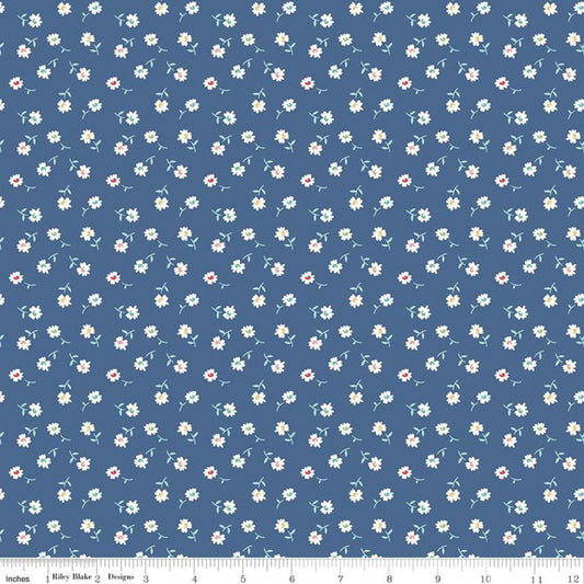 Image of the Vintage Happy 2 Daisy Denim quilting cotton fabric by Lori Holt for Riley Blake Designs. Features tossed stems of daisies on a dark blue background.  
Cute Little Fabric Shop