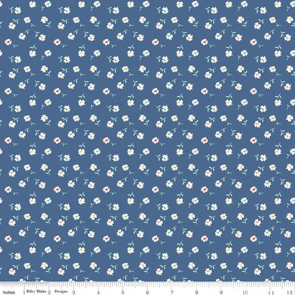 Image of the Vintage Happy 2 Daisy Denim quilting cotton fabric by Lori Holt for Riley Blake Designs. Features tossed stems of daisies on a dark blue background.  
Cute Little Fabric Shop