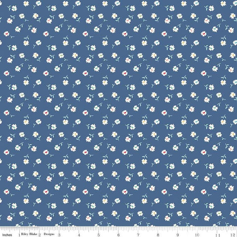 Image of the Vintage Happy 2 Daisy Denim quilting cotton fabric by Lori Holt for Riley Blake Designs. Features tossed stems of daisies on a dark blue background.  
Cute Little Fabric Shop