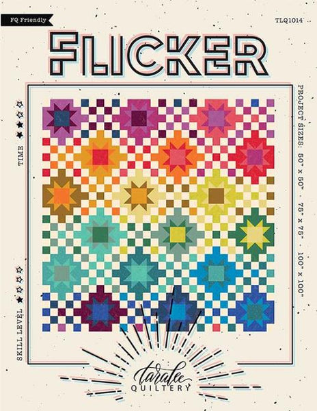 Image of the Flicker quilt pattern by Taralee Quiltery for Moda Fabrics. Features a star pattern with a checkered pattern. 
Cute Little Fabric Shop