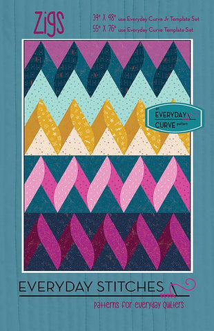 Image of the Zigs quilt pattern by Everyday Stitches for Moda Fabrics. Features a zig zag patterned quilt. 
Cute Little Fabric Shop